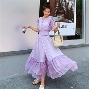 发图！6月初出货！浪漫紫荷叶袖雪纺收腰连衣裙