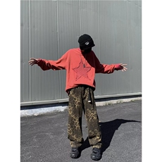 美式豹纹牛仔裤秋季复古重水洗帆布工装豹纹休闲裤子男，男装休闲裤，星座716-2