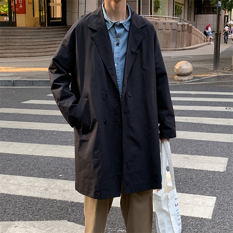 2021新款绅士双排扣港风帅气大衣西装领中长款宽松风衣男F13P85,男装风衣,电商A177