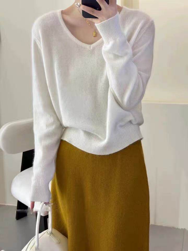 2025年秋季针织常规套头单件长袖时尚百搭通勤V领，女装针织衫/毛衣，半城羊绒