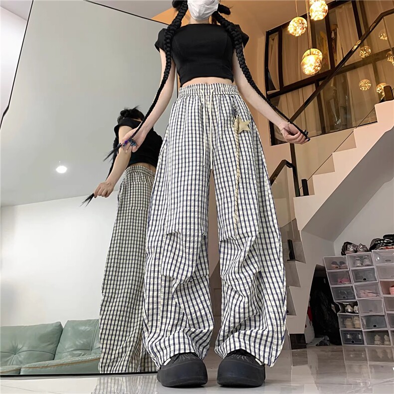 AK2349-P55夏季新款慵懒松弛感蓝格子垂感休闲裤女阔腿裤，女装休闲裤，星座617A-2