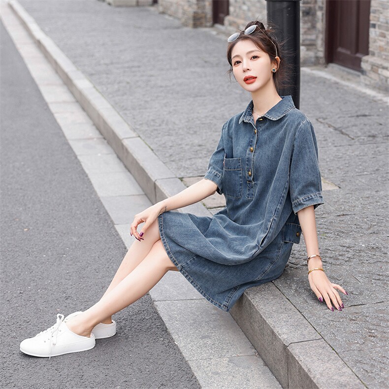薄款天丝牛仔连衣裙女小个子2024夏季新款洋气减龄遮肉显瘦衬衫裙,女装连衣裙,钱塘布衣
