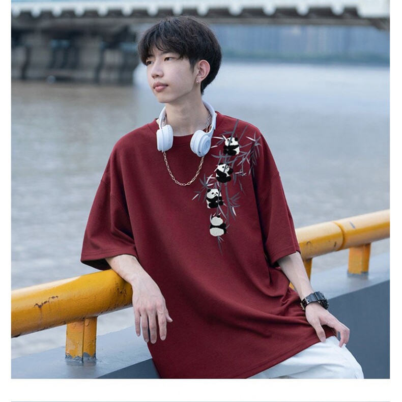 [003]潮流简约新款酒红色熊猫竹叶短袖t恤男款夏季A079-A900-P25,男装T恤,电商A079