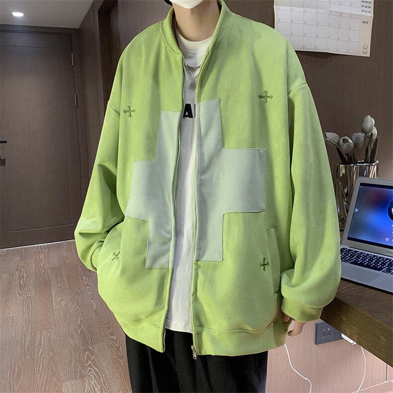 2022撞色拼接设计感百搭开衫卫衣复古绿色夹克外套男W5137-P57,男装卫衣,星座512-2