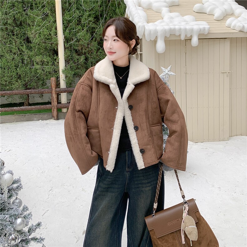 卡其色麂皮绒羊羔毛加厚保暖棉服H8356P185K278,女装棉衣/棉服,红龙果