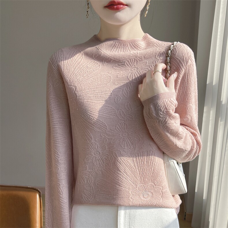 精纺羊毛打底衫女一字领太阳花针织长袖套头宽松内搭毛衣薄款上衣，女装羊毛衫，凯思米羊绒