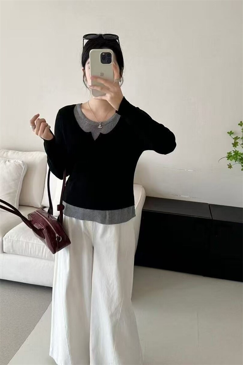 显瘦时尚百搭抽条圆领拼色假两件打底衫女款，女装蕾丝衫/雪纺衫，百纯羊绒