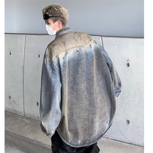 复古蓝牛仔衬衫外套男废土风重磅外套做旧宽松休闲长袖春秋季衬衣图片
