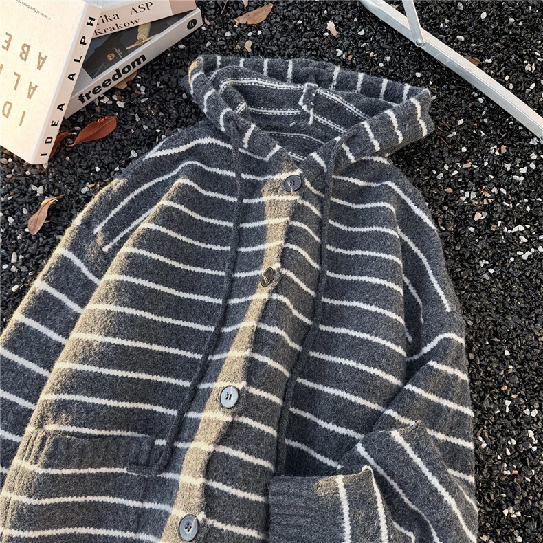 冬季新条纹连帽毛衣男女美式复古慵懒风针织开衫外套潮流图片