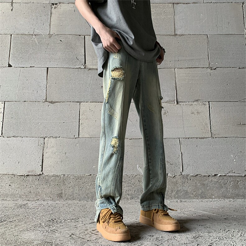 B221美式ins高街暗黑系拉链设计破洞牛仔裤LK23070-P65控88,男装牛仔裤,电商B221