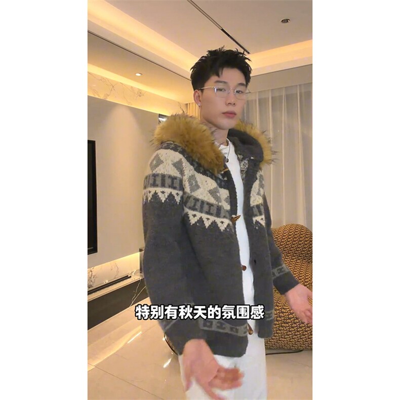 重磅北极绒座山雕大毛毛领毛衣外套冬美式复古休闲慵懒风针织开衫,男装针织衫/毛衣,电商A486