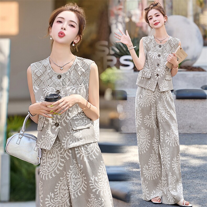 2026年夏季新款无袖时尚镂空领显瘦马甲阔腿裤气质套装女两件套装，女装套装/套裙，美沁