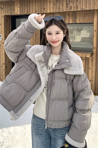 灰色短款泡芙羽绒服女2025冬季高级感毛毛拼接保暖90白鸭绒厚外套图片