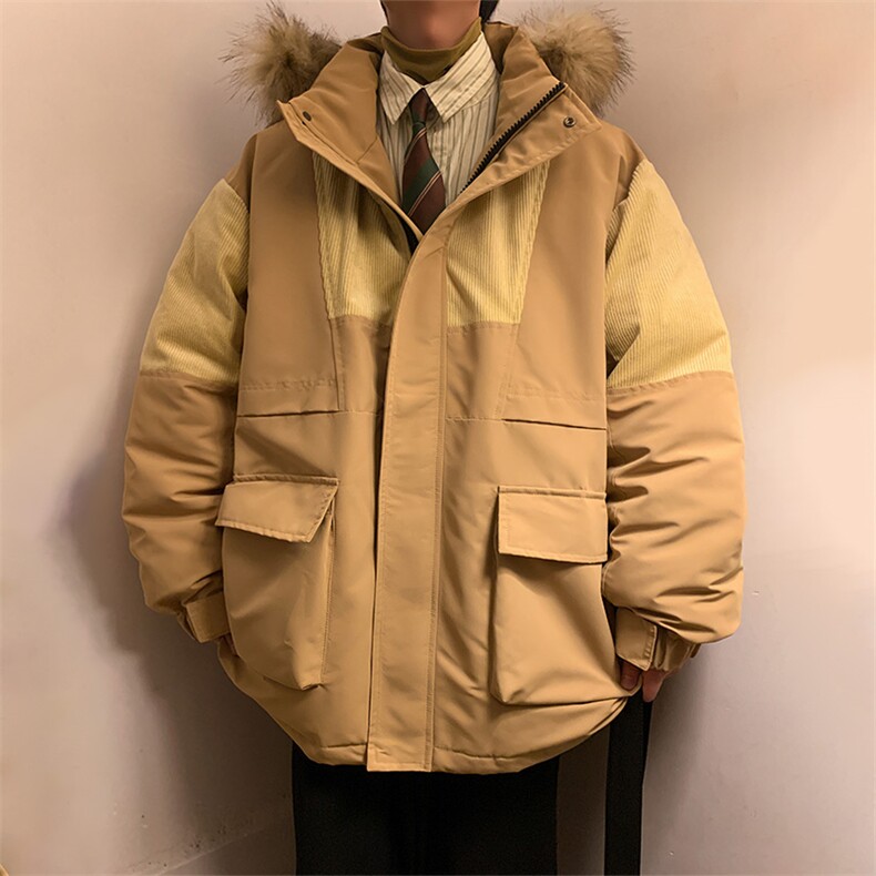 港风2026新品冬季宽松撞色棉服派克服毛领冬装加厚外套D009-P145,男装棉衣,星座717