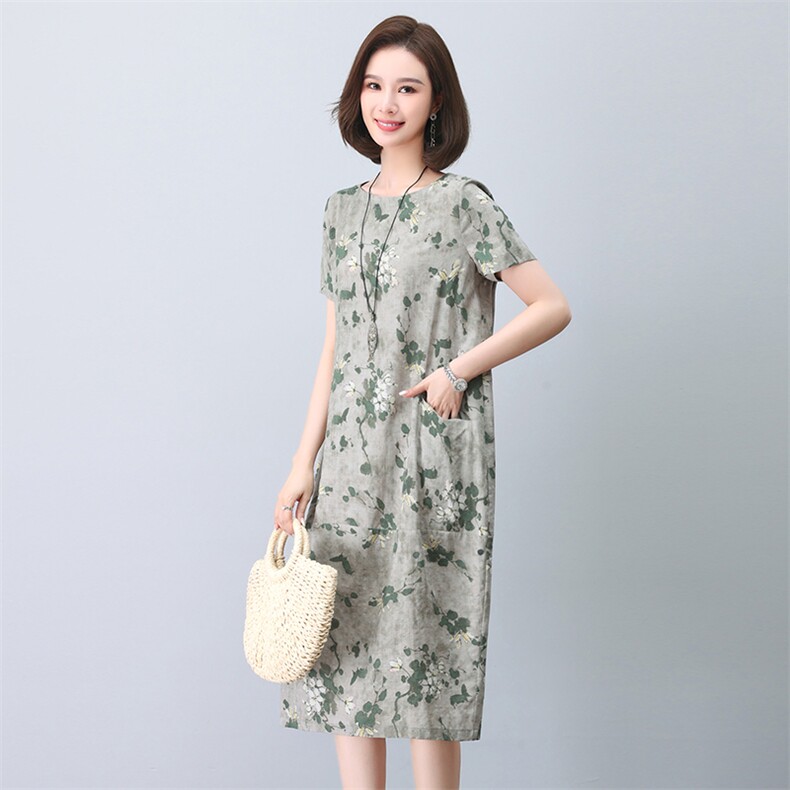 印花连衣裙女短袖2025年夏季新款韩版宽松显瘦中长裙休闲减龄裙子,女装连衣裙,依恋蒂丝