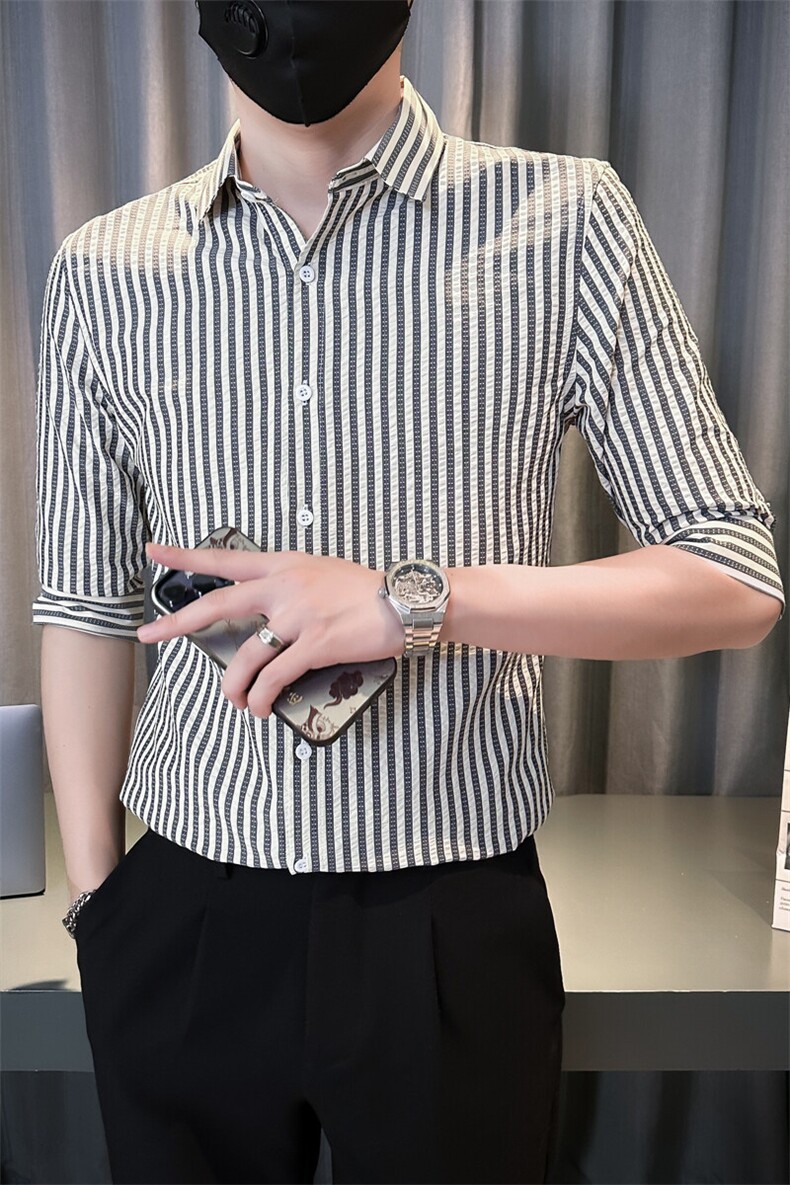 夏季男士七分袖条纹衬衫男休闲修身休闲衬衣A236-C665-P55,男装衬衫,电商A236
