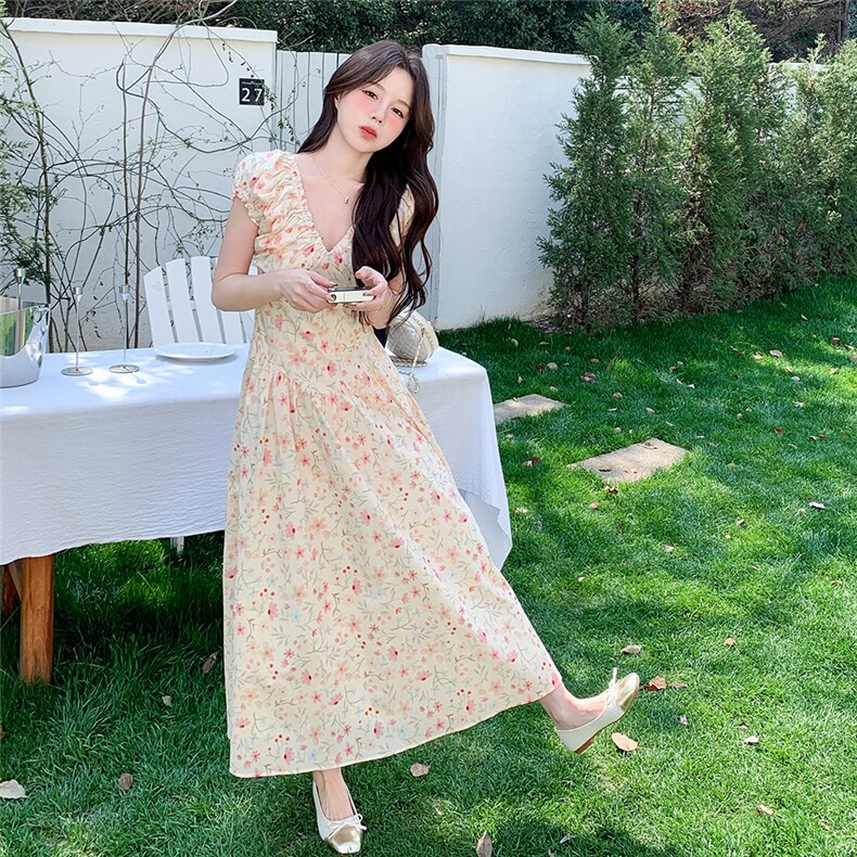 碎花夏季长裙褶皱江南美人连衣裙甜美初恋夏装气质显瘦时尚法式,女装连衣裙,2C212