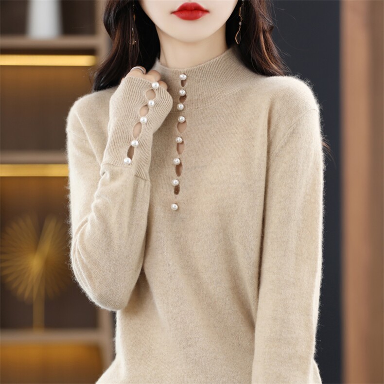 优雅珍珠装饰高领女修身显瘦百搭气质长袖针织毛衣，女装羊绒衫，琳华羊绒