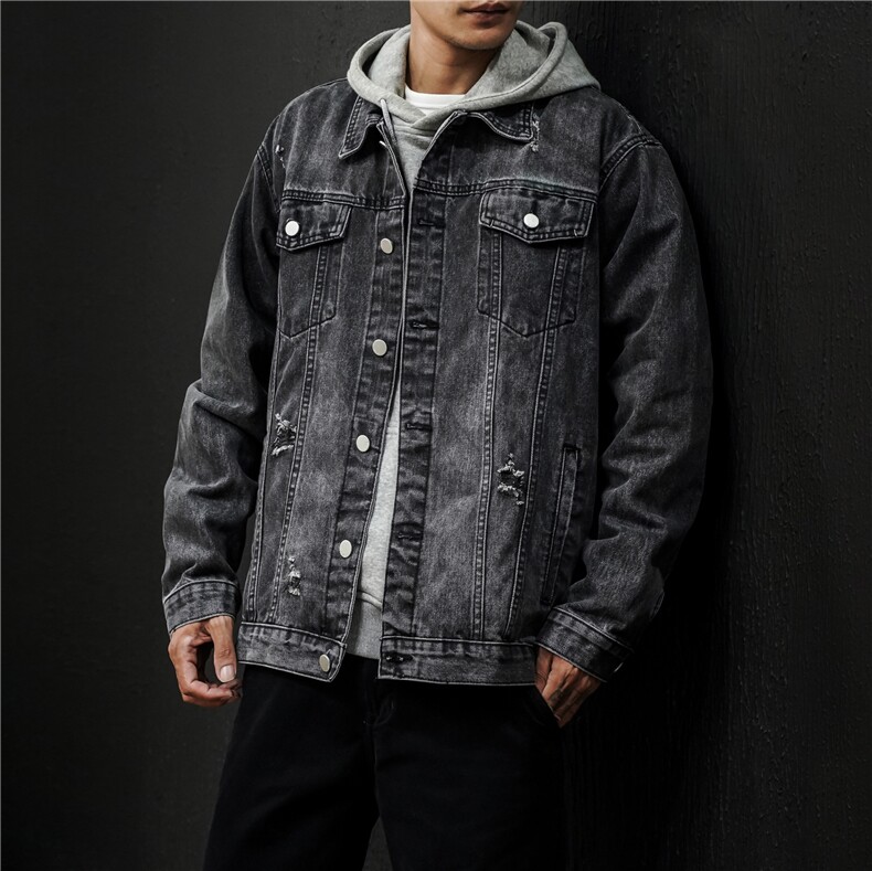 jk675-p75M-5XL黑墙ins牛仔夹克拉链破洞大码男日系CITYBOY,男装夹克,星座103A