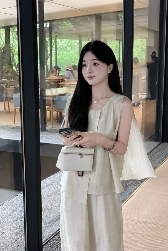 不规则无袖A字上衣+宽松直筒半身长裙两件套时尚百搭,女装套装/套裙,湘姗