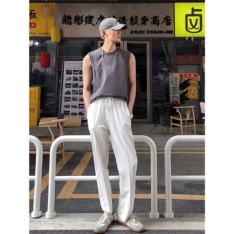秋季高弹力宽松灰色长裤韩系百搭简约系带直筒阔腿百搭休闲卫裤,男装休闲裤,星座506A