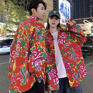 C203情侣大花长袖衬衫男女休闲衬衣新中式汉服团队服表演出宽松潮,辣椒演出服怎么搭配图片