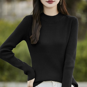 简约纯棉长袖半高领打底衫女修身显瘦内搭针织衫毛衣百搭纯色上衣图片