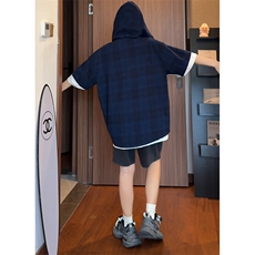 重磅格子短袖连帽衬衫男女xh132-特p60，男装T恤，电商B367