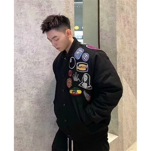 徽章刺绣棒球服外套男女学生春秋百搭潮牌黑色立领夹克 KA4130图片