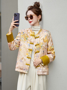 新中式盘扣羽绒服女2025冬季新款黄色提花唐装白鸭绒短款外套图片