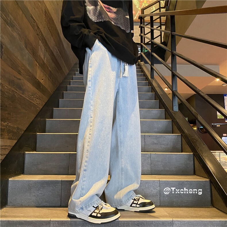 浅蓝色松弛感抽绳牛仔裤男款夏季美式复古松紧腰潮牌直筒宽松裤子,男装牛仔裤,电商B315