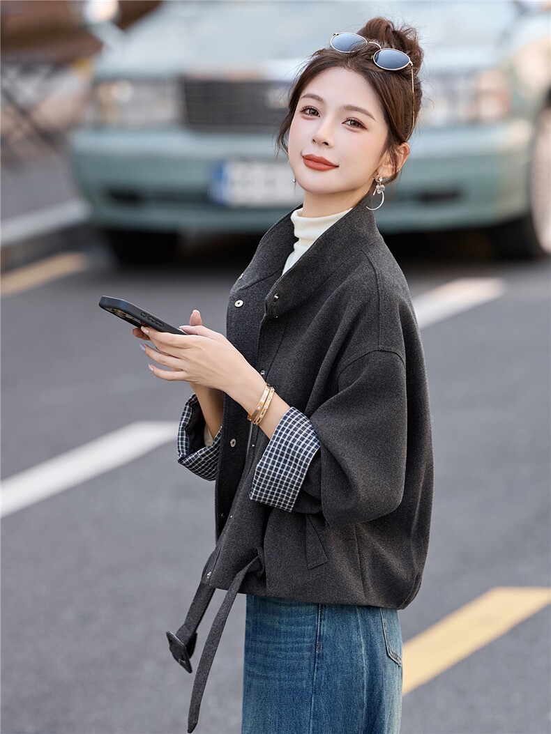 格纹拼接袖休闲立领短款外套女2025秋冬新款宽松百搭显瘦气质上衣,女装短外套,罗腾