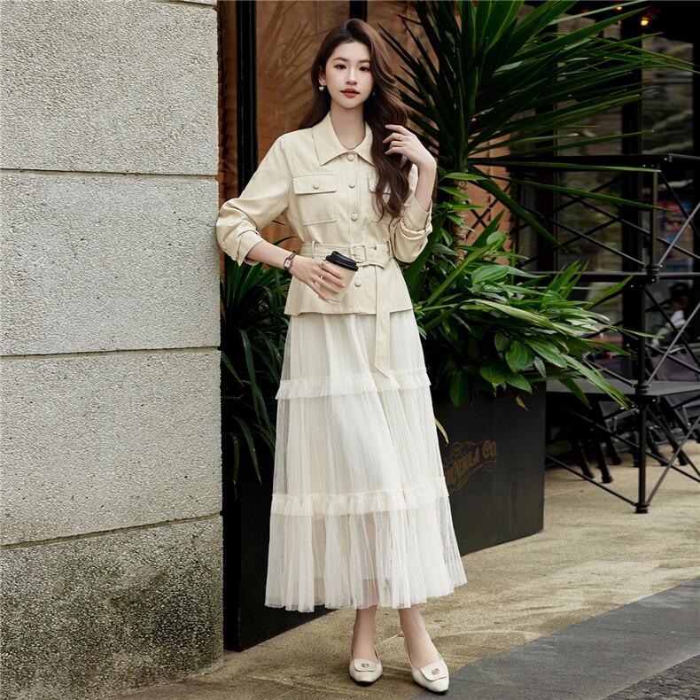 现货2026年春季新款女时尚潮流优雅风小外套皮衣蕾丝半身裙两件套，女装套装/套裙，奋斗女王