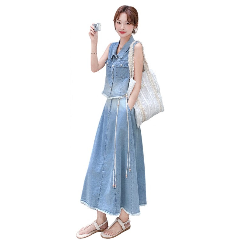 复古设计感渐变牛仔马甲套装女夏新款轻薄气质显瘦半身裙两件套,女装套装/套裙,2C218