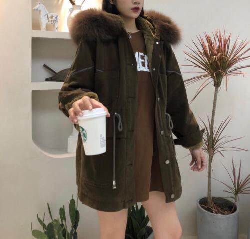 牛仔绣金线派克服，加大毛领，女装，衣生缘