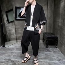 A611P75室内风2024春夏装新款七分袖七分裤仙鹤刺绣宽松汉服套装，男装T恤，电商A026
