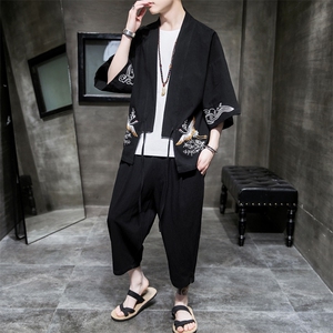 A611 P75室内风2024春夏装新款七分袖七分裤仙鹤刺绣宽松汉服套装图片