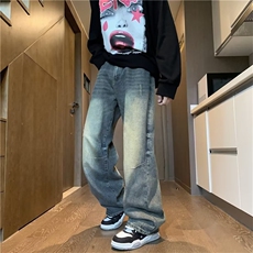 水洗做旧牛仔裤男春秋美式复古宽松阔腿直筒拖地长裤炸街痞帅裤子，男装牛仔裤，四季星座218-1