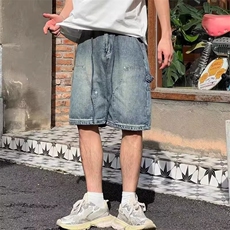 日系复古水洗牛仔短裤男夏季美式高街潮牌休闲潮流松紧腰五分裤子，男装牛仔裤，星座506A
