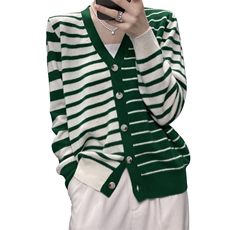 时尚百搭橙白条纹女士羊毛开衫显瘦V领长袖针织衫，女装羊毛衫，莺澜羊绒