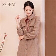 2021冬季千鸟格收腰连衣裙女C213L2356，女装连衣裙，佐慕