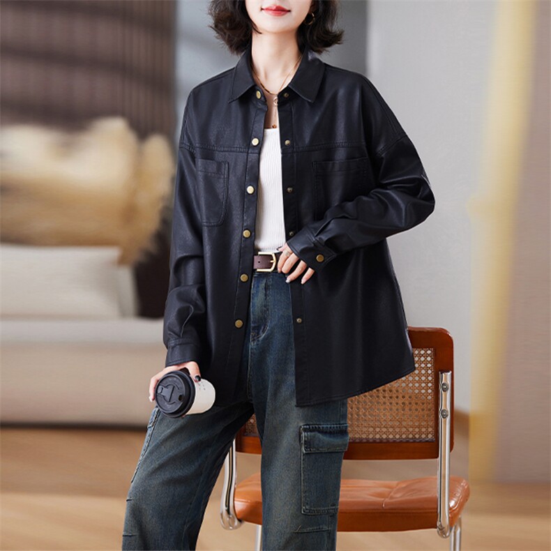 徐璐明星同款春秋装机车PU皮衣外套中长款女酷帅气皮衬衫衣服黑色，女装皮衣，美拉德工厂直营店