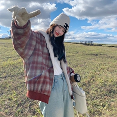 红色格纹两面穿连帽羊羔毛外套女冬韩系小个子加绒加厚皮毛一体，女装毛呢外套，2B188