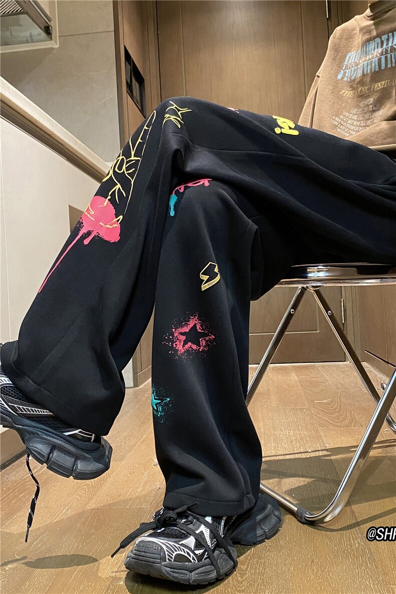 抖音品质秋季新款彩绘发泡印花宽松休闲裤B315-K23411-p50控68,男装休闲裤,电商B315