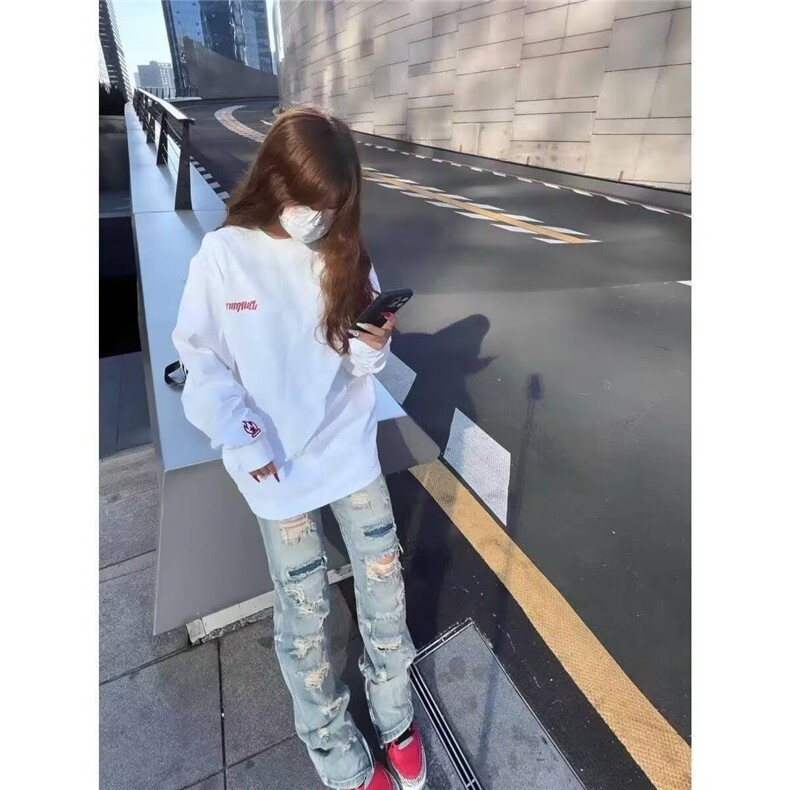 新款美式复古长袖t恤男女高街时尚潮流刺绣宽松百搭体恤,男装T恤,星座506A