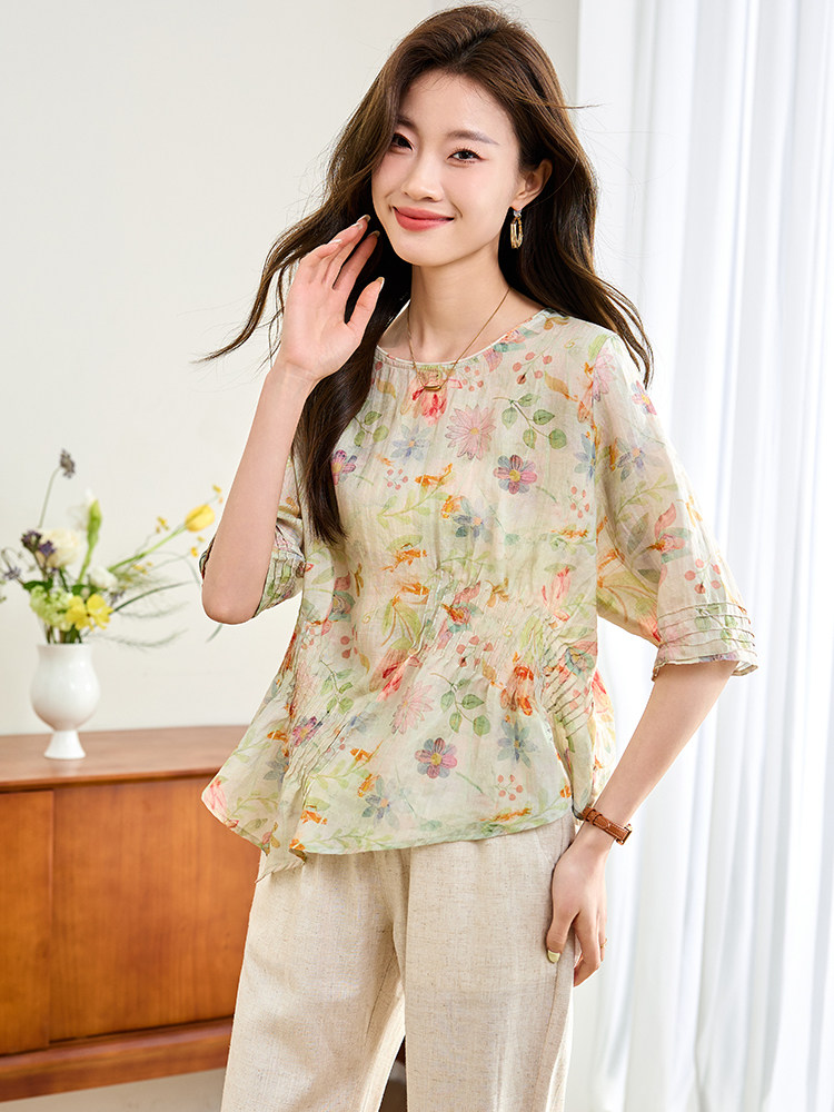 高端苎麻套装复古印花上衣亚麻女装2025夏新款时尚休闲棉麻两件套,女装套装/套裙,新依时派