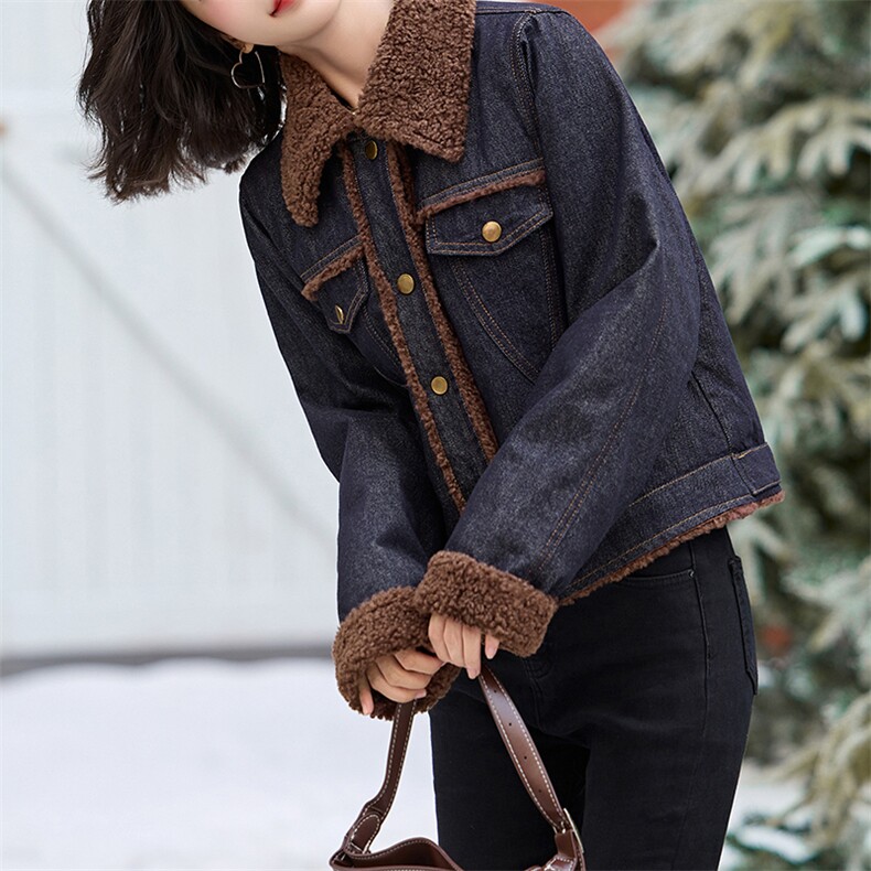 时尚拼接翻领加绒牛仔外套女2024年冬季新款ins潮高级感百搭棉衣，女装羊羔毛/颗粒绒，江南女神