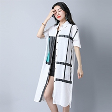 中长款短袖2021年夏季排多扣方领麻连衣裙纽扣口袋，女装连衣裙，独衣靓