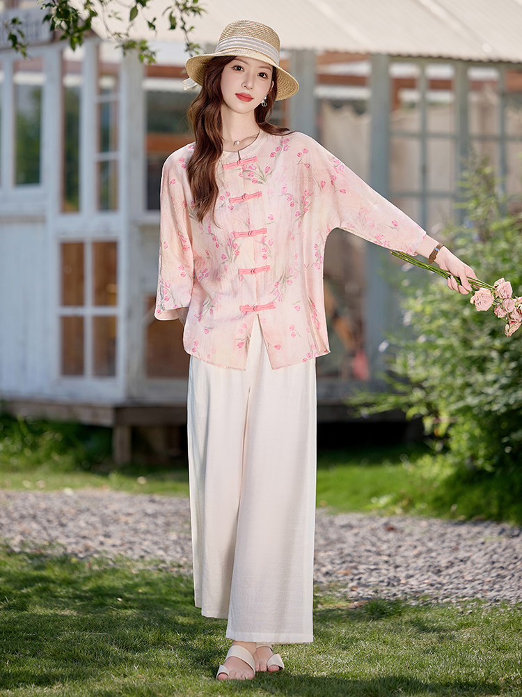 新中式天丝棉麻套装女2026夏季新款粉色印花盘扣衬衫阔腿裤两件套,女装套装/套裙,水衣源