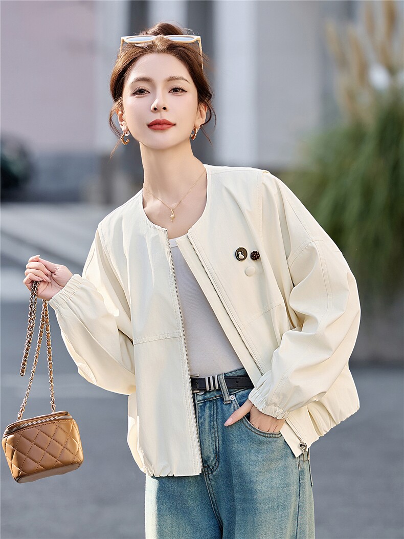 短款外套女2026春季新款圆领宽松小个子百搭休闲夹克上衣,女装短外套,恋慕依尚